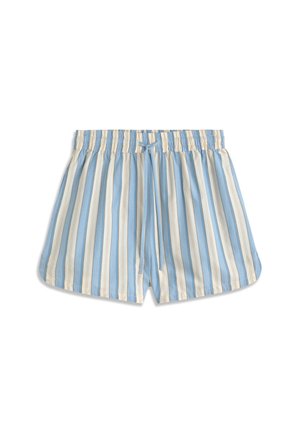 Shorts à rayures verticales bleu clair, beige et blanc avec une ceinture élastique et un lien à nouer à l'avant, posés à plat sur un fond blanc.