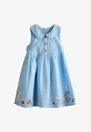 Siniste ja valgete ruutudega varrukateta väikelapse kleit puidust nööpidega, Peter Pani kraega ning tikanditega, mis kujutavad hiiri, lilli, korvi ja kooki ääre lähedal.