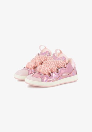 Pink sneakers with a shiny, iridescent material and textured accents. Features wide, woven laces and a rubber sole.