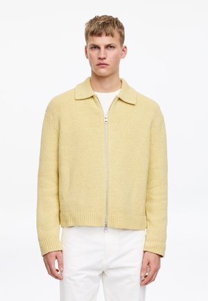 Hombre con cabello rubio corto, vistiendo un suéter de punto amarillo pálido con cremallera y pantalones blancos, de pie contra un fondo blanco.