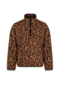Pullover in pile con stampa leopardo, colletto alto e chiusura con mezza zip. Presenta una texture morbida e rifiniture nere lungo i bordi.