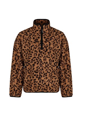 Tijgerprint fleece pullover met hoge kraag en een halve rits. Beschikt over een zachte textuur en zwarte afwerking langs de randen.