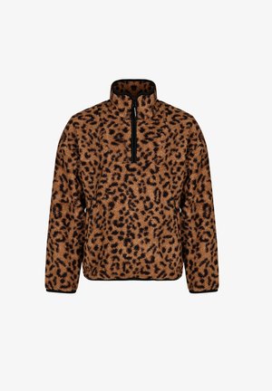 Pullover in pile con stampa leopardo, colletto alto e chiusura con mezza zip. Presenta una texture morbida e rifiniture nere lungo i bordi.