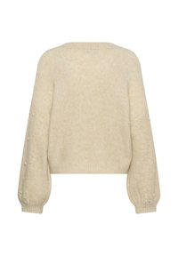 Maglione lavorato a maglia color crema con design corto, maniche oversize e dettagli decorativi di perle lungo le maniche.