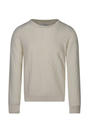 Pull en maille couleur crème avec un col rond, des manches longues, des poignets et un ourlet côtelés, présenté sur un fond blanc.