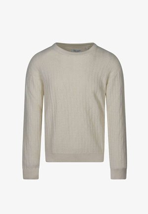 Pull en maille couleur crème avec un col rond, des manches longues, des poignets et un ourlet côtelés, présenté sur un fond blanc.