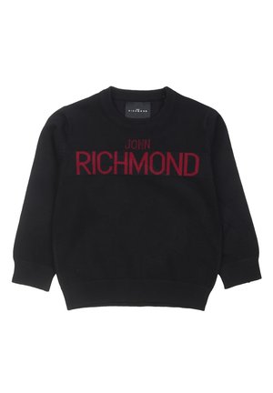 Pull noir à manches longues et col rond avec le texte rouge "JOHN RICHMOND" sur la poitrine, poignets et ourlet côtelés, posé à plat sur fond blanc.