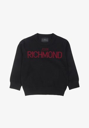 Pull noir à manches longues et col rond avec le texte rouge "JOHN RICHMOND" sur la poitrine, poignets et ourlet côtelés, posé à plat sur fond blanc.
