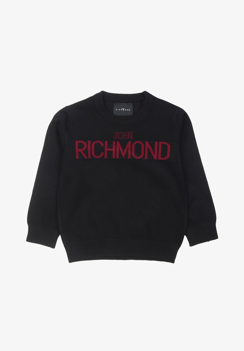 Pull noir à manches longues et col rond avec le texte rouge "JOHN RICHMOND" sur la poitrine, poignets et ourlet côtelés, posé à plat sur fond blanc.