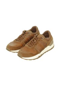 Brown sneakers with a combination of smooth and suede leather, lace-up design, padded collar, and a white midsole. Subtle stripes on sides.