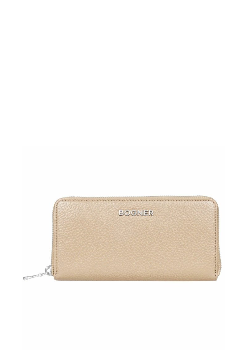 Portafoglio in pelle beige con finitura testurizzata, dotato di chiusura con zip e logo "BOGNER" in argento sul davanti. Forma rettangolare.