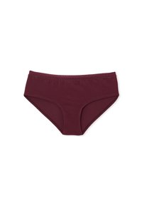 Slip hipster in cotone bordeaux con una texture liscia, dotato di un ampio elastico in vita e delicati dettagli cuciti lungo il bordo superiore.