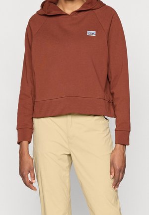Personne portant un sweat à capuche couleur rouille avec un petit logo sur la poitrine et un pantalon beige, debout devant un fond uni.