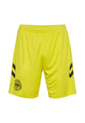 Gelbe Sportshorts aus leichtem Material, mit schwarzen Akzenten und einem Logo auf der unteren linken Seite. Elastischer Bund für zusätzlichen Komfort.