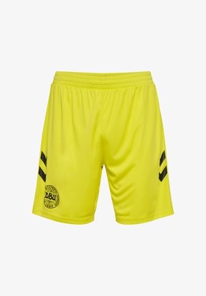 Gula sportshorts gjorda av lättviktsmaterial, med svarta detaljer och en logotyp på nedre vänstra sidan. Elastisk midja för komfort.