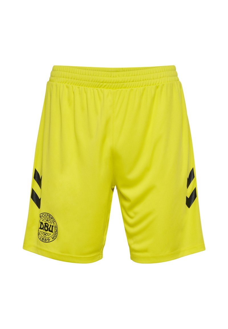 Gula sportshorts gjorda av lättviktsmaterial, med svarta detaljer och en logotyp på nedre vänstra sidan. Elastisk midja för komfort.