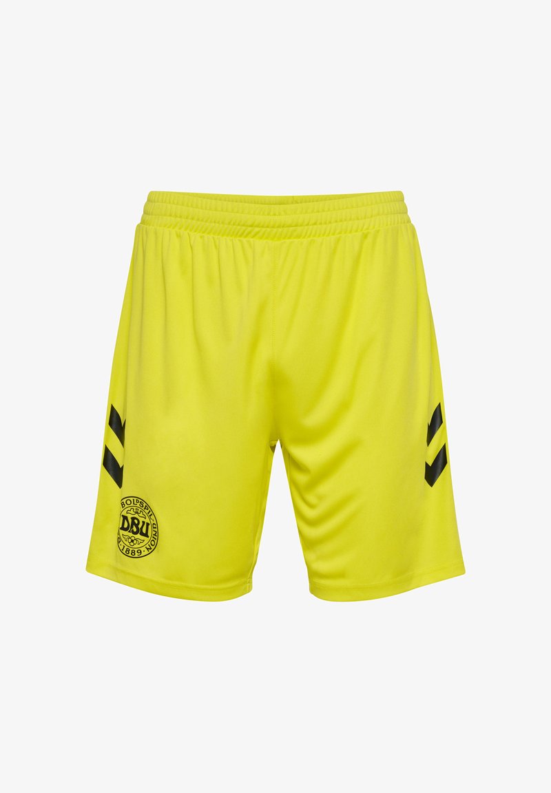 Gula sportshorts gjorda av lättviktsmaterial, med svarta detaljer och en logotyp på nedre vänstra sidan. Elastisk midja för komfort.