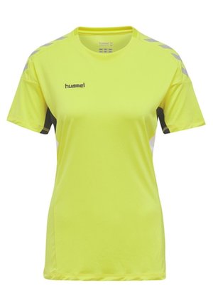 Kort mouw sportshirt in felgeel met zwarte accenten en grijze chevronpatronen op de schouders. Gemaakt van lichtgewicht, ademend materiaal.