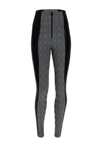 Leggings a vita alta con una parte anteriore grigia a motivo e lati neri solidi. Il materiale sembra elastico, con tasche con zip sulla parte anteriore.