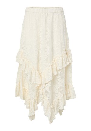 Off-white lace midi skirt with floral pattern, ruffled asymmetrical hem, and elastic waistband.
