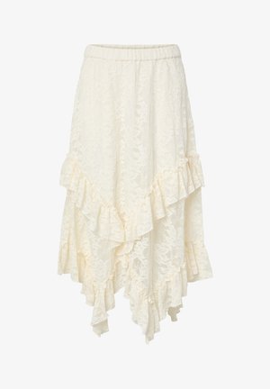 Offwhite blonde midi-skjørt med blomsterpreg, rysjet asymmetrisk hem og elastisk midjebånd.