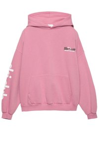 Rózsaszín kapucnis pulóver, elülső zsebbel, oversize szabású, és a "Ski Club Winter Series" felirat sötétszürkében a mellrészen.