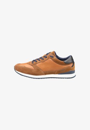 Brown suede and leather sneaker with navy accents, round toe, textured upper, and white midsole, featuring dark laces and branding detail.