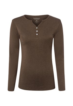 Brown long-sleeve cotton shirt with three white buttons on a V-neckline and a regular fit.