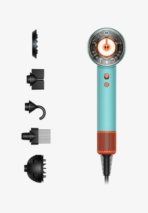 Hair dryer with a turquoise handle, orange accents, and a circular nozzle. Includes five detachable black attachments with varied designs.