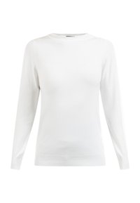 Hvid langærmet sweater lavet af blødt strikstof. Har en rund halsudskæring og ribbede manchetter. Glat tekstur uden mønstre eller accenter.