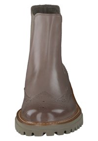Braune Leder-Ankle-Boots mit Broguedetails, abgerundeter Spitze und robuster Gummisohle. Elegante Textur mit glatter Oberfläche und kontrastierender heller Sohle.