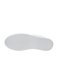 White rubber shoe sole with textured grip patterns, smooth edges, and a slight curvature at the toe. Minimalistic design, flat profile.