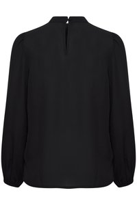 Blusa nera a maniche lunghe con colletto alto, apertura a chiave sulla schiena e polsini elasticizzati; tessuto liscio con texture minima.