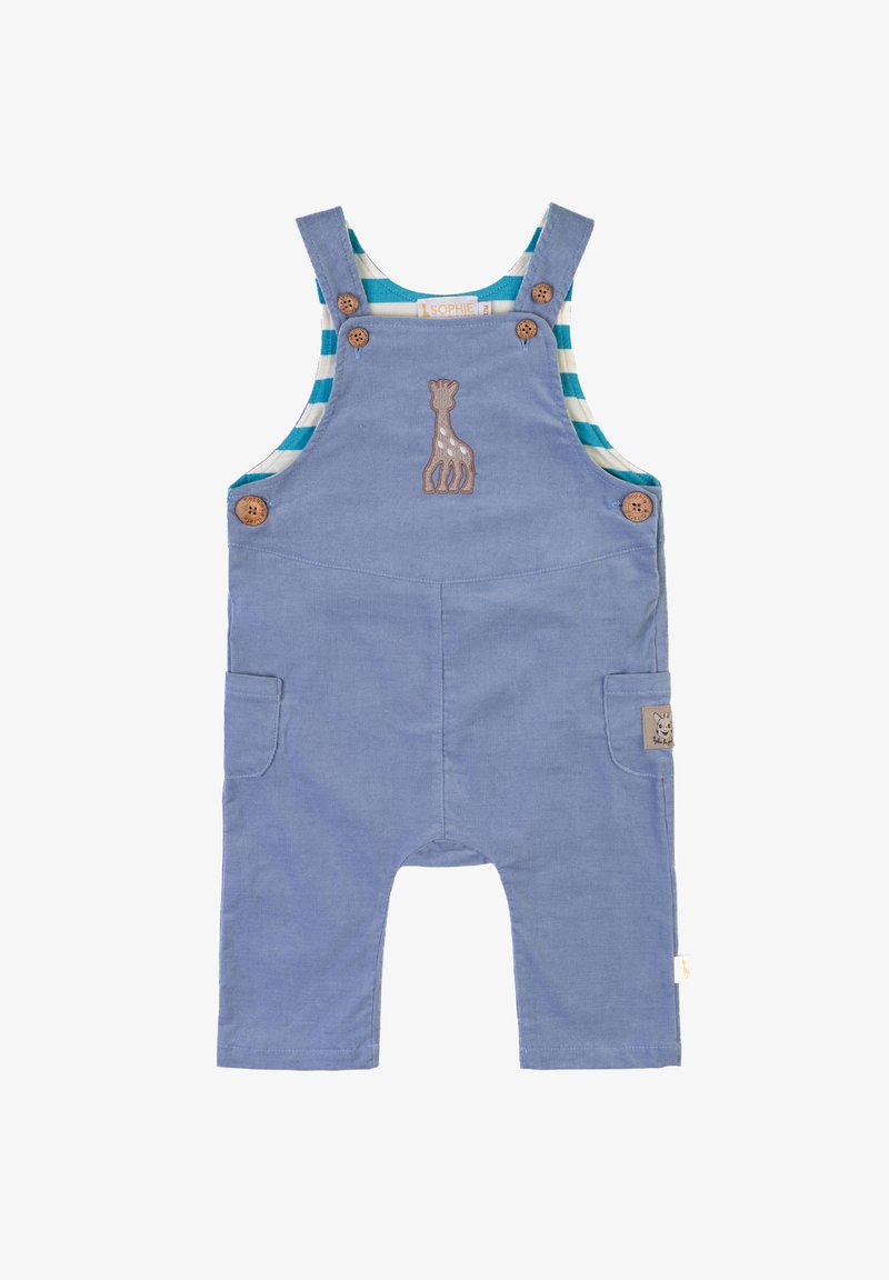Salopette di cotone blu con dettagli in bottoni, rivestimento a righe blu e bianche, ricamo di giraffa frontale e due tasche laterali.