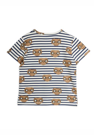 Īsām piedurkņu T-krekls ar atkārtotu E.T. sejas druku uz baltiem un tumši ziliem svītrām, izgatavots no mīksta kokvilnas materiāla.