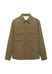 Olijfgroene, langslievende shirt van katoen met een button-down kraag, twee borstzakken en een rechte zoom. Gladde, matte textuur.
