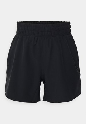 Schwarze Sportshorts mit einem elastischen Bund, glattem Stoff und einem lockeren Schnitt. Die Shorts verfügen über Seitentaschen und eine Oberschenkellänge.