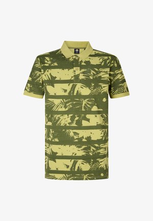 Grün und gelb gestreiftes Poloshirt mit einem Blätterdesign, kurzen Ärmeln, einem knöpfbaren Kragen und strukturiertem Stoff.