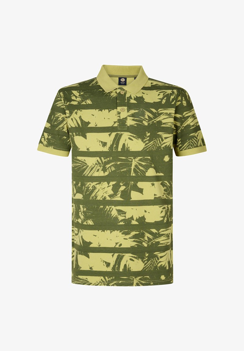 Polo tričko s pruhy v zelené a žluté barvě, zdobené vzorem listů, krátké rukávy, zapínáním na knoflíky a texturovanou látkou.