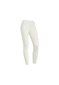 Leggings bianchi in cotone misto con una texture liscia, design aderente, vita alta e tasche discrete. Presentano accenti argento minimalisti.