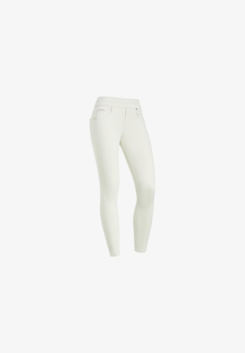 Leggings bianchi in cotone misto con una texture liscia, design aderente, vita alta e tasche discrete. Presentano accenti argento minimalisti.