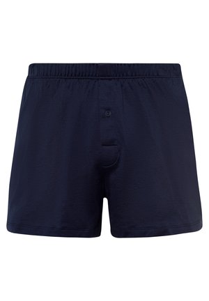 Bóxer de algodón azul marino con cinturilla elástica y cierre de botón en la parte delantera, que cuenta con un solo bolsillo y una textura suave.