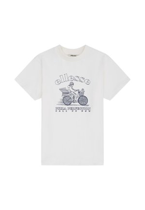 White t-shirt with a graphic of a person delivering pizza on a bicycle, text reads "ellesse," "Pizza Perfection," and "Call Us Now."