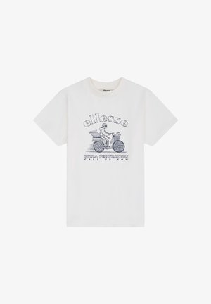 White t-shirt with a graphic of a person delivering pizza on a bicycle, text reads "ellesse," "Pizza Perfection," and "Call Us Now."