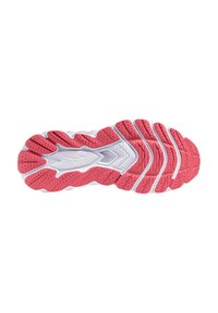 Semelle de chaussure avec une semelle extérieure en caoutchouc rose, accents blancs, texturée pour une adhérence, avec un design ondulé et des motifs de semelle proéminents.