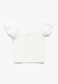 Top bianco a maniche corte con dettagli arricciati, realizzato in tessuto testurizzato. Presenta un colletto quadrato e una silhouette aderente.