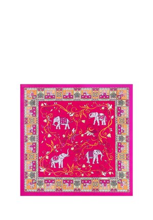 Bright pink square scarf featuring grey elephants with colorful patterns, surrounded by intricate floral and geometric borders in orange and yellow.