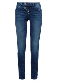 Dark blue denim jeans with a slim fit, featuring five-button closure, front pockets, and minimal fading for a clean look.