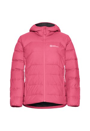 Gevoerde capuchonjas in felroze, met een volledige ritssluiting, elastische manchetten en een logo op de linkerborst. Zacht, glad materiaal.
