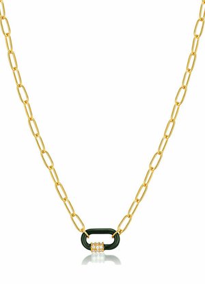 Goldkettchen mit länglichen Gliedern, einem zentralen schwarzen ovalen Akzent und drei kleinen klaren Edelsteindetails. Glatte Oberfläche und polierte Textur.